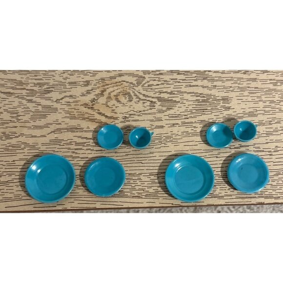 Vtg Miniature Marx Little Hostess Blue Plastic Teacups Plates Dollhouse Dish Set - Picture 4 of 13
